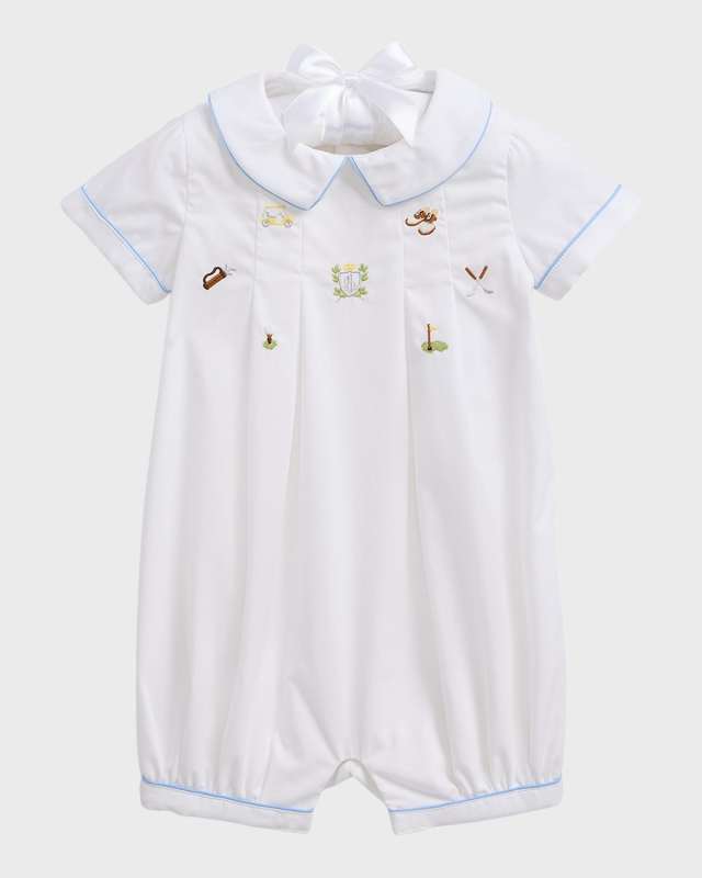 Boy's Embroidered Broadcloth Pleated One-Piece Shortalls, Size 9M-